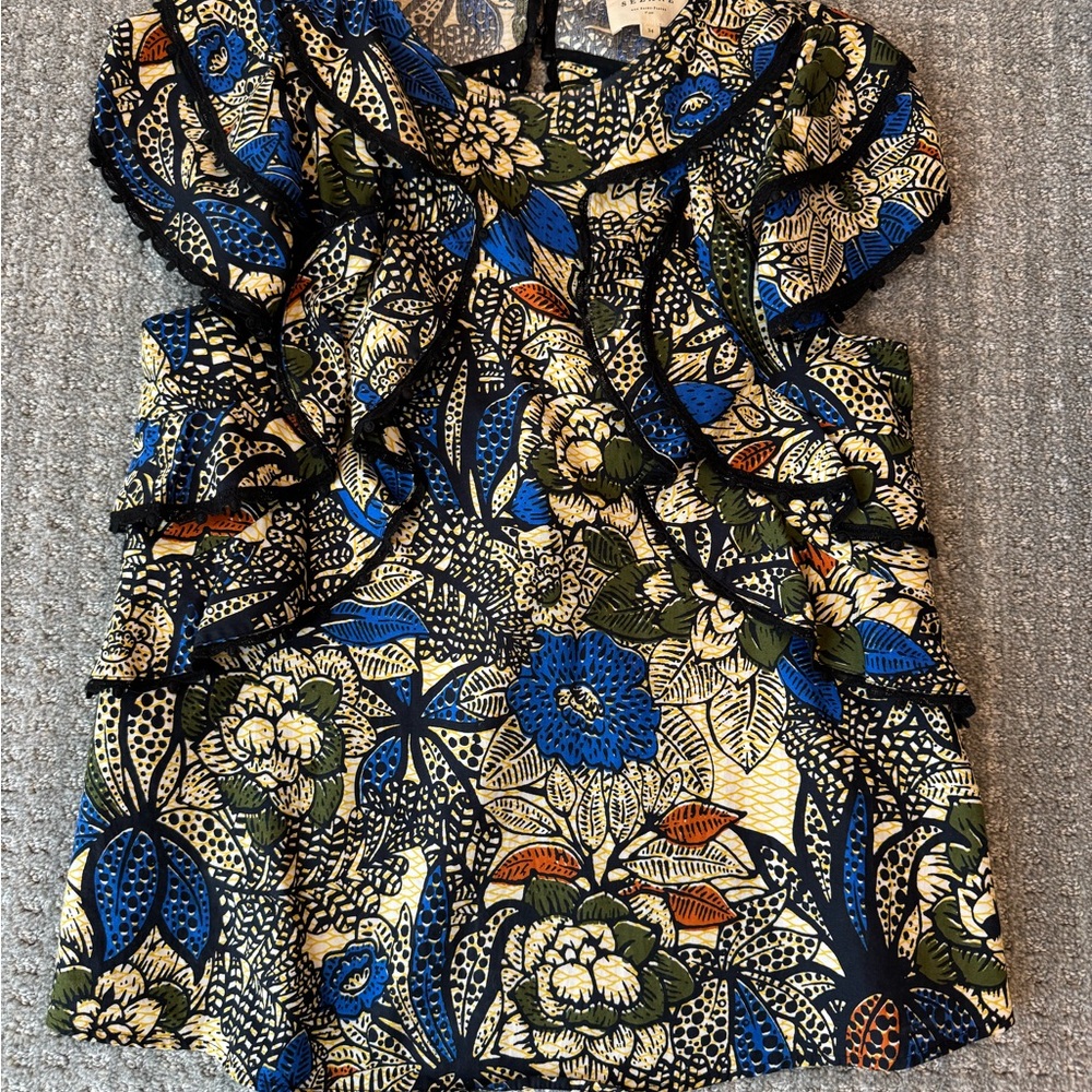 Sezane Blue and Black Ruffled Cap Sleeve Blouse